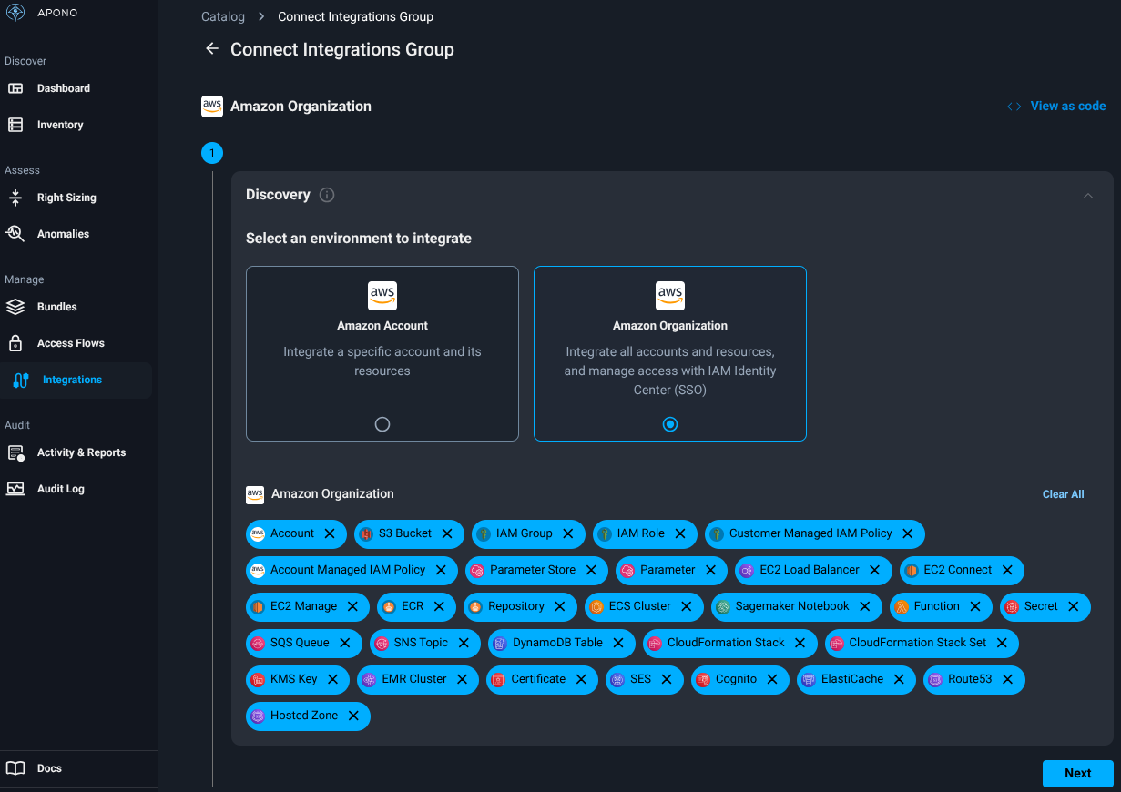 Resource selection in Apono