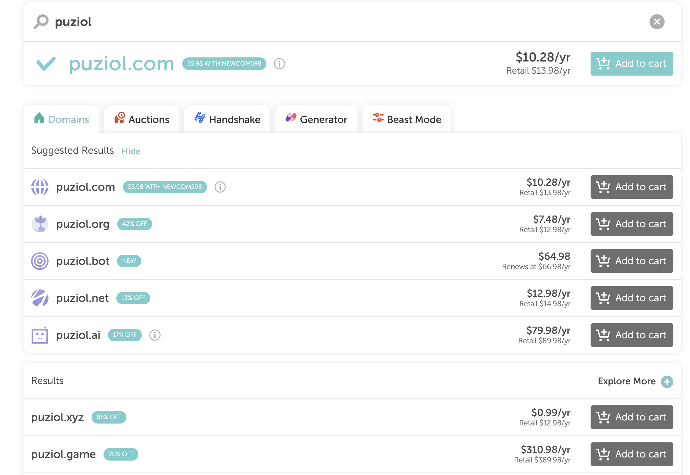 Domain pricing example